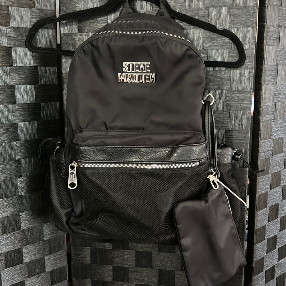 NWOT Steve Madden Backpack Black With Separate Zipped Pouch Nylon Faux Leather